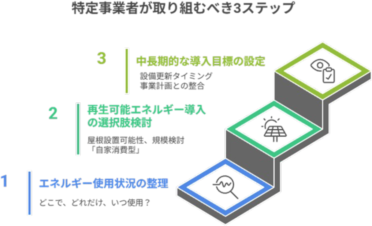 特定事業者が取り組むべき3ステップ 1 エネルギー使用状況の整理 どこで、どれだけ、いつ使用？ 2 再生可能エネルギー導入の選択肢検討 屋根設置可能性、規模検討「自家消費型」 3 中長期的な導入目標の設定 設備更新タイミング 事業計画との整合